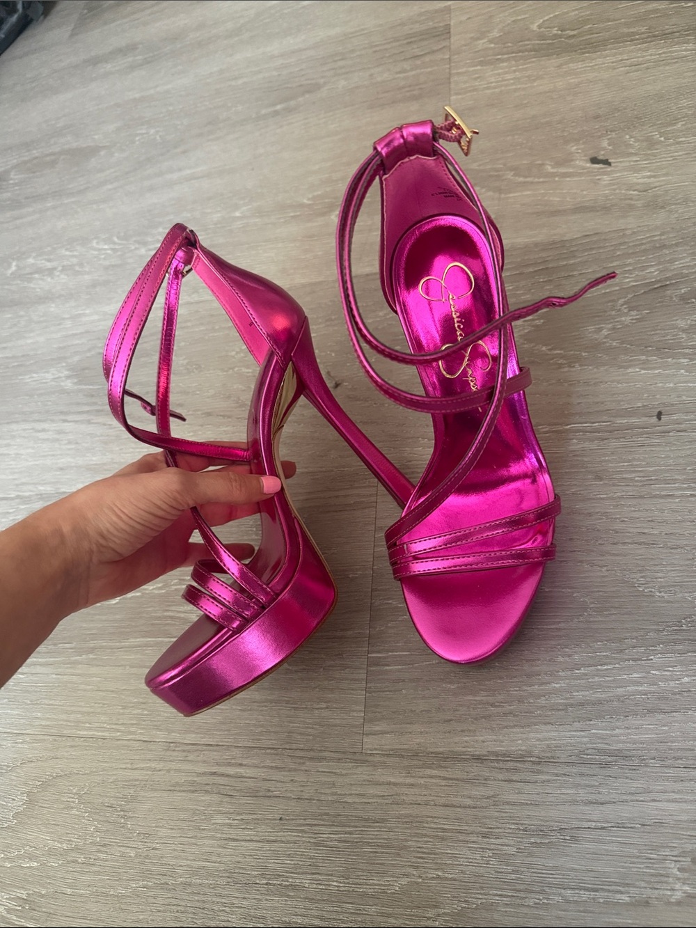 Jessica Simpson Metallic Hot Pink Strappy Platform Heels - Picture 3 of 5